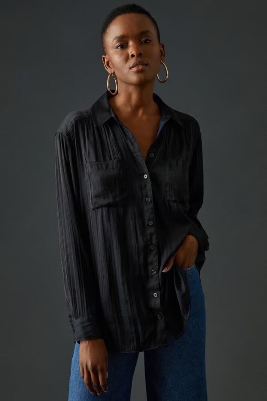 Anthropologie Button Down Long Sleeve Black Blouse Size XS